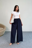 Kraşlı Beli Lastikli Modal Geniş Paça Palazzo Pantolon 8846 - Lacivert