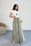Kraşlı Beli Lastikli Modal Geniş Paça Palazzo Pantolon 8846 - Haki