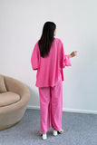 Dökümlü Kesim Taşlı Geniş Kollu Bluz ve Geniş Paça Pantolon İkili Takım 8838 - Pembe