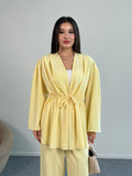 Taşlı Büzgülü Bağlama Detaylı Uzun Kollu Bluz ve Geniş paça Pantolon İkili Takım 8022 - Sarı