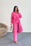 Büzgü Detaylı Gömlek ve Geniş Paça Pantolon İkili Takım 2504 - Pembe