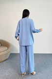 Fırfır Detaylı Uzun Kollu Gömlek ve Geniş Paça Pantolon İkili Takım 8021 - Mavi