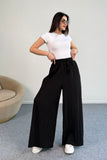 Kraşlı Beli Lastikli Modal Geniş Paça Palazzo Pantolon 8846 - Siyah