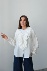 Fırfırlı Bağlama Detaylı Uzun Kollu Bluz 8834 - Beyaz