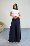 Kraşlı Beli Lastikli Modal Geniş Paça Palazzo Pantolon 8846 - Lacivert