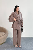 Bağlamalı Kimono Ceket ve Geniş Paça Pantolon İkili Takım 8026 - Vizon