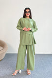 Bağlama Detaylı Gömlek ve Geniş Paça Pantolon İkili Takım 2519 - Yeşil