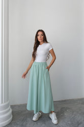 Beli Lastikli Geniş Kesim Kloş Double Krep Pantolon Etek 5187 - Su Yeşili