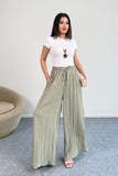 Kraşlı Beli Lastikli Modal Geniş Paça Palazzo Pantolon 8846 - Haki