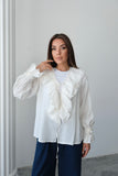 Fırfırlı Bağlama Detaylı Uzun Kollu Bluz 8834 - Beyaz