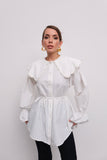 Büyük Yakalı İnci Detaylı Büzgülü Manşetli Oversize Gömlek D001 - Beyaz