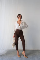 Yüksek Bel Düz Kesim Kruvaze Detaylı Kumaş Pantolon 4613 - Kahverengi