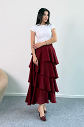 Hatun Atila Filamlı Keten Kumaş Fırfırlı Etek 5193 Bordo