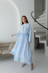 Oversize Taş Detaylı Gömlek ve Dökümlü Astarlı Etek İkili Takım 8830 - Mavi