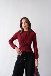 Wrap Detaylı Kruvaze Kesim Uzun Kollu Bluz 2000 - Bordo