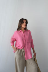 Yazlık Rahat Kesim Müslin Kumaş Uzun Kollu Gömlek 3833 - Pembe
