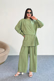 Bağlama Detaylı Gömlek ve Geniş Paça Pantolon İkili Takım 2519 - Yeşil