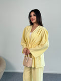 Taşlı Büzgülü Bağlama Detaylı Uzun Kollu Bluz ve Geniş paça Pantolon İkili Takım 8022 - Sarı