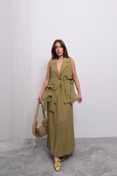 Trend Kruvaze Bağlamalı Yelek ve Uzun Etek Takım D004 - Yağ Yeşili