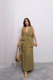 Trend Kruvaze Bağlamalı Yelek ve Uzun Etek Takım D004 - Yağ Yeşili