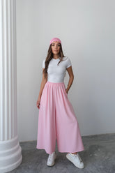 Beli Lastikli Geniş Kesim Kloş Double Krep Pantolon Etek 5187 - Pembe