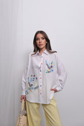 Özel Tasarım Nakış İşlemeli Oversize Uzun Kollu Gömlek 4823 - Beyaz