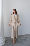 Fırfırlı Bağlama Detaylı Uzun Kollu Bluz ve Geniş Paça Pantolon İkili Takım 8019 - Bej