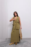 Trend Kruvaze Bağlamalı Yelek ve Uzun Etek Takım D004 - Yağ Yeşili