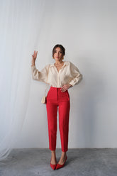 Yüksek Bel Düz Kesim Kruvaze Detaylı Kumaş Pantolon 4613 - Kırmızı