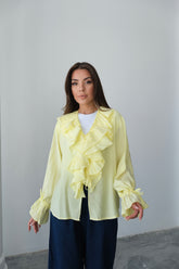 Fırfırlı Bağlama Detaylı Uzun Kollu Bluz 8834 - Sarı