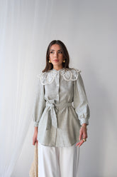 Dantel Yakalı Çizgili Kuşaklı Uzun Kollu Tunik - Su Yeşili 6042