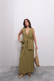 Trend Kruvaze Bağlamalı Yelek ve Uzun Etek Takım D004 - Yağ Yeşili