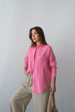 Yazlık Rahat Kesim Müslin Kumaş Uzun Kollu Gömlek 3833 - Pembe
