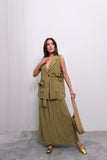 Trend Kruvaze Bağlamalı Yelek ve Uzun Etek Takım D004 - Yağ Yeşili