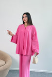 Dökümlü Kesim Taşlı Geniş Kollu Bluz ve Geniş Paça Pantolon İkili Takım 8838 - Pembe