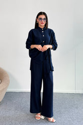 Büzgü Detaylı Gömlek ve Geniş Paça Pantolon İkili Takım 2504 - Siyah