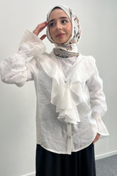 Fırfır Detaylı Uzun Kollu Gömlek 8854 - Beyaz