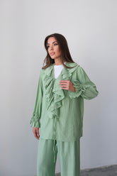 Fırfırlı Bağlama Detaylı Uzun Kollu Bluz ve Geniş Paça Pantolon İkili Takım 8019 - Yeşil