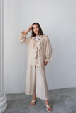 Fırfırlı Bağlama Detaylı Uzun Kollu Bluz ve Geniş Paça Pantolon İkili Takım 8019 - Bej