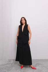 Trend Kruvaze Bağlamalı Yelek ve Uzun Etek Takım D004 - Siyah