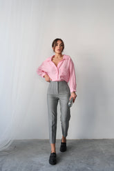 Yüksek Bel Düz Kesim Kruvaze Detaylı Kumaş Pantolon 4613 - Gri