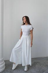 Beli Lastikli Geniş Kesim Kloş Double Krep Pantolon Etek 5187 - Beyaz