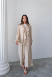 Fırfırlı Bağlama Detaylı Uzun Kollu Bluz ve Geniş Paça Pantolon İkili Takım 8019 - Bej