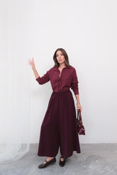 Beli Lastikli Geniş Kesim Kloş Double Krep Pantolon Etek 5187 - Bordo