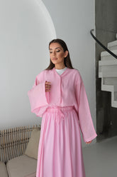 Oversize Taş Detaylı Gömlek ve Dökümlü Astarlı Etek İkili Takım 8830 - Pembe