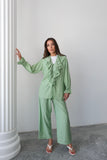 Fırfırlı Bağlama Detaylı Uzun Kollu Bluz ve Geniş Paça Pantolon İkili Takım 8019 - Yeşil