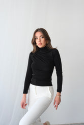 Drapeli Balıkçı Yaka Uzun Kollu Bluz 4145 - Siyah