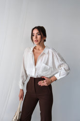 Yazlık Rahat Kesim Modal Kumaş Uzun Kollu Gömlek - Beyaz 4612