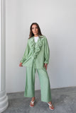 Fırfırlı Bağlama Detaylı Uzun Kollu Bluz ve Geniş Paça Pantolon İkili Takım 8019 - Yeşil