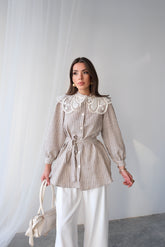 Dantel Yakalı Çizgili Kuşaklı Uzun Kollu Tunik - Vizon 6042